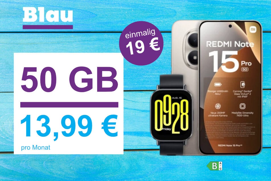Das Xiaomi Redmi Note 15 Pro 5G mit Watch 5 Active für einmalig nur 19 Euro bei Blau.