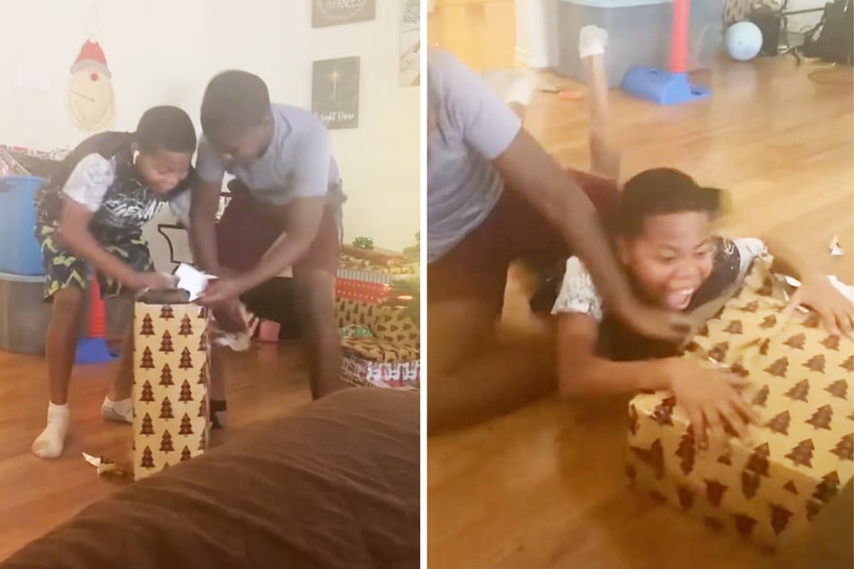 The teens can't contain their joy when they see what's under the wrapping paper.