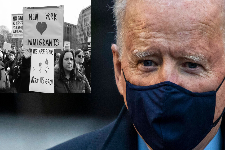 Left: "No ICE" rally in Washington Square Park, 2018. Right: President Joe Biden on the South Lawn of the White House.