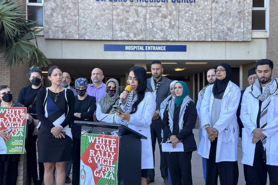 Dr. Fadaa Wishah speaks during the news conference outside the St. Luke's Medical Center in Phoenix, Arizona.
