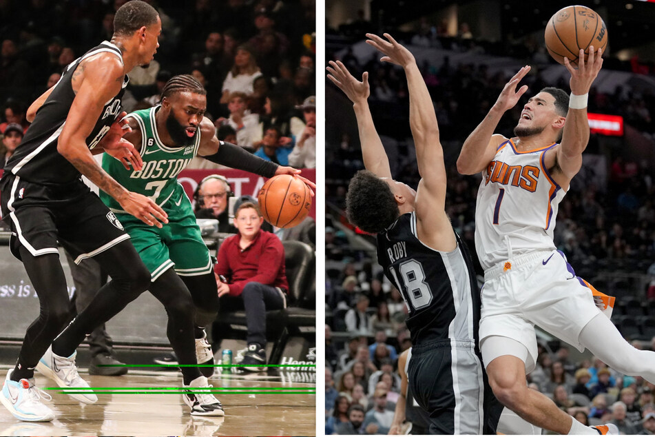 Left: Boston Celtics guard Jaylen Brown looks to drive past Brooklyn Nets forward Nic Claxton in the second quarter at Barclays Center. Right: Phoenix Suns guard Devin Booker shoots over San Antonio Spurs forward Isaiah Roby in the first half at the AT&amp;T Center.