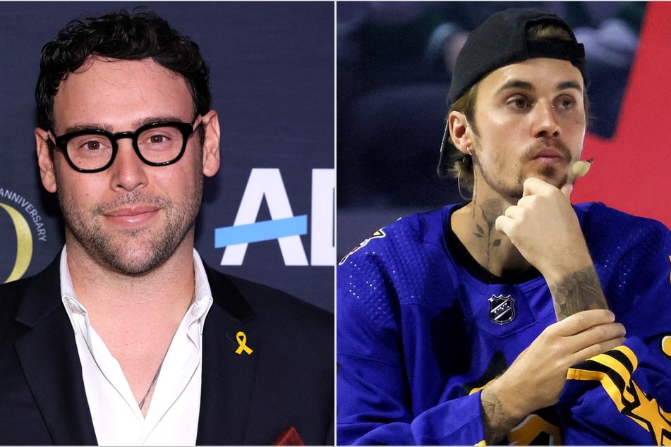 Justin Bieber's (r.) repayment to Scooter Braun (l.) reportedly won't happen until he gets his share from the sale of Hailey Bieber's beauty company, Rhode.