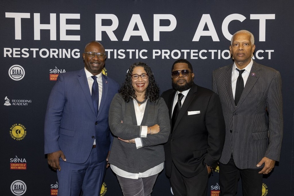 From l. to r.: Rep. Jamaal Bowman; Michele Ballantyne of the Recording Industry Association of America; Willie “Prophet" Stiggers of the Black Music Action Coalition; and Rep. Hank Johnson attend an event in Washington DC in support of the RAP Act.