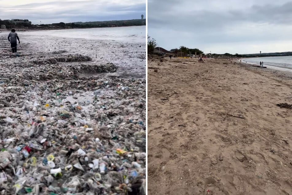 Links: Der Jimbaran Beach war völlig zugemüllt. Rechts: Nach den Aufräumarbeiten scheint die Welt wieder in Ordnung. Doch wenn das Müllproblem nicht an der Wurzel gepackt wird, könnte es bald wieder wie im linken Bild aussehen.