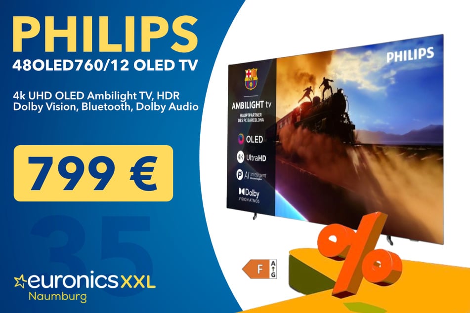 Der 48-Zoll Philips 48OLED760/12 OLED Ambilight TV für 799 Euro.