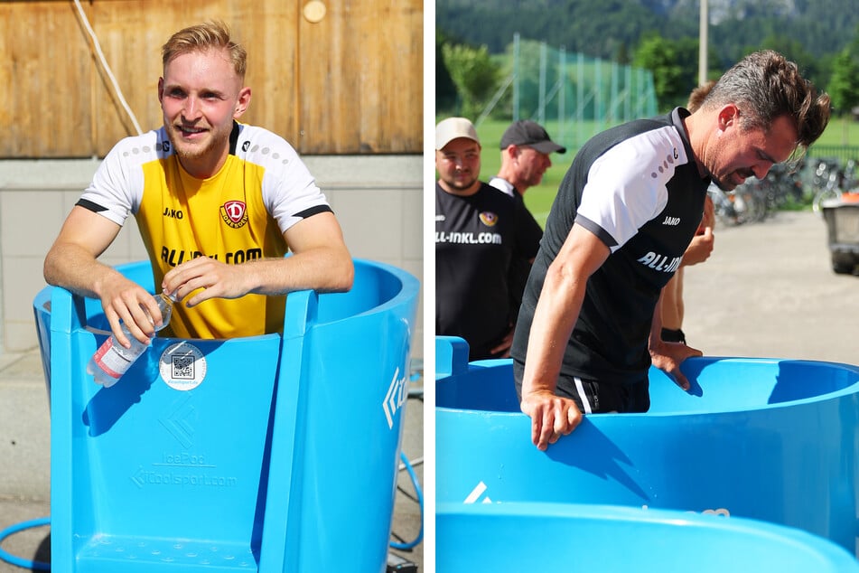 Nach dem Training ging es erst einmal in die Eistonne - auch Trainer Thomas Stamm kühlte sich ab.