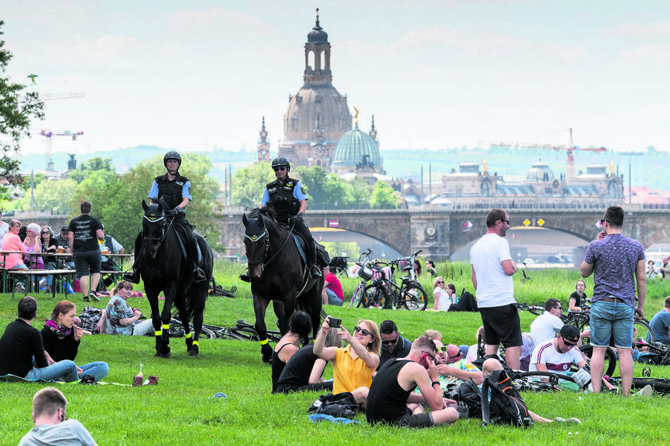 Herrentag mit Pferdestaffel. Am Elbufer patrouillierte die Polizei hoch zu Ross.