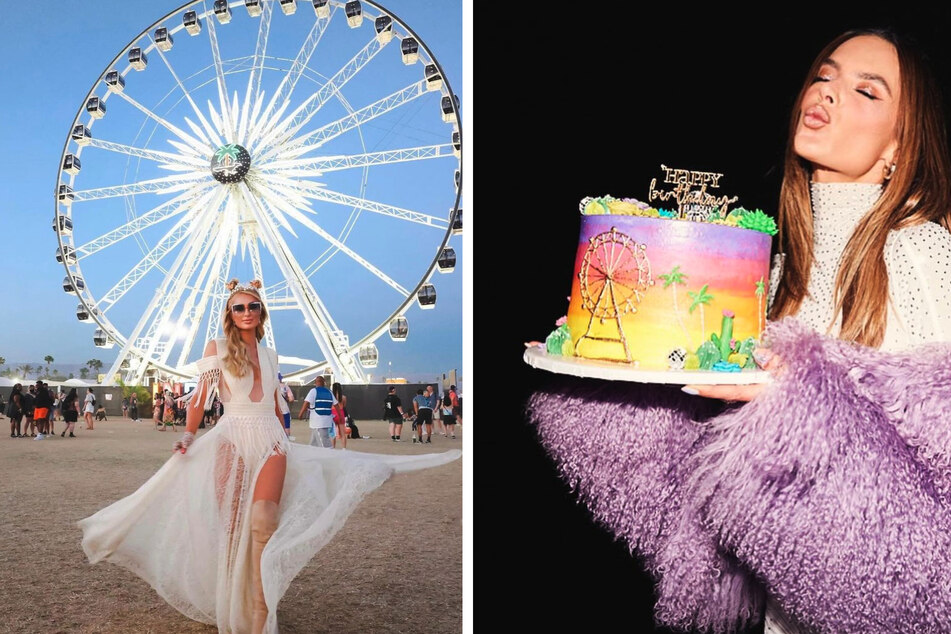 Paris Hilton (43, links) in einem absolut atemberaubenden Kleid vor dem typischen Coachella-Riesenrad. Alessandra Ambrosio (43) fand das Festival zum Anbeißen!