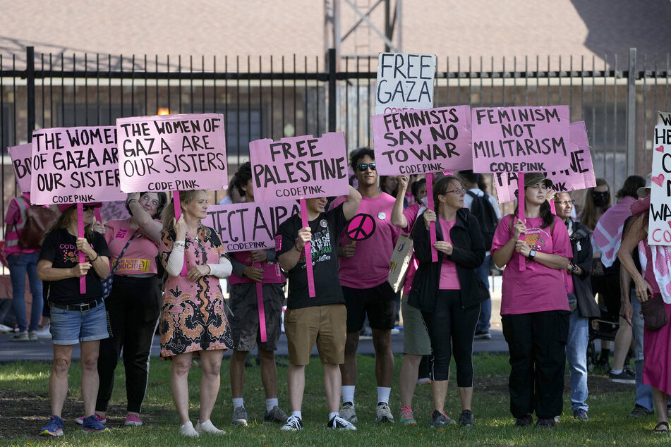 CODEPINK members and supporters gather at Chicago's Union Park during the Democratic National Convention to demand a ceasefire in Gaza and an arms embargo against Israel.