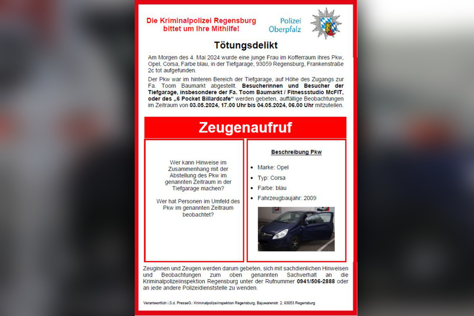 Mit diesem Plakat sucht das Polizeipräsidium Oberpfalz nach Zügen, die Hinweise zum Fall geben können.