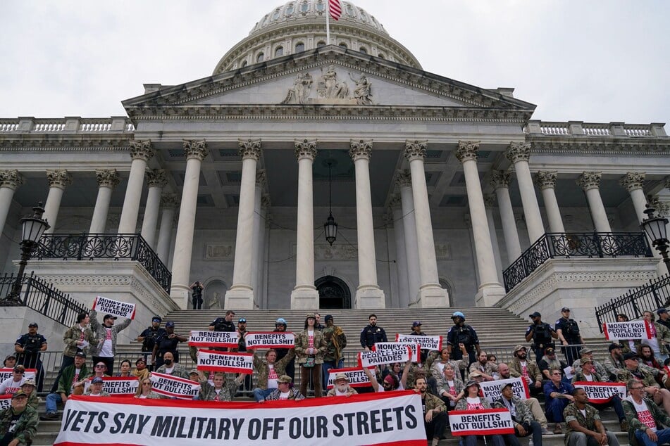 Dozens of military veterans protested against Trump's parade in front of the US Capitol on Friday.