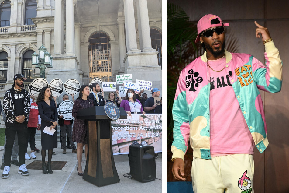 Amazon Labor Union President Christian Smalls (r.) joined protesters in Albany calling for the passage of the Warehouse Worker Protection Act.