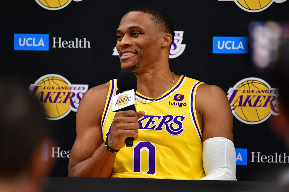 Los Angeles Lakers guard Russell Westbrook speaks during Lakers Media Day at UCLA Health Training Center.