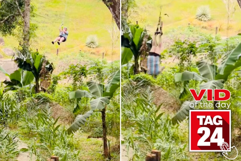 TikToker Zane Falls narrowly dodged obstacles after his ziplining harness failed - leaving him dangling upside down by his feet!