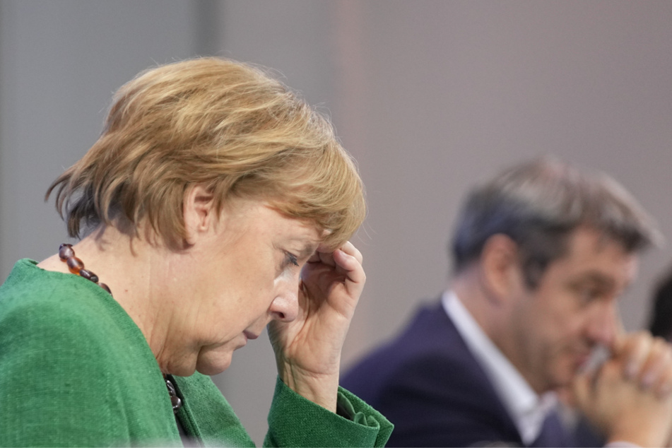 Bundeskanzlerin Angela Merkel (66, CDU) und Bayerns Ministerpräsident Markus Söder (54, CSU) bei der Pressekonferenz im Kanzleramt nach den Beratungen von Bund und Ländern.