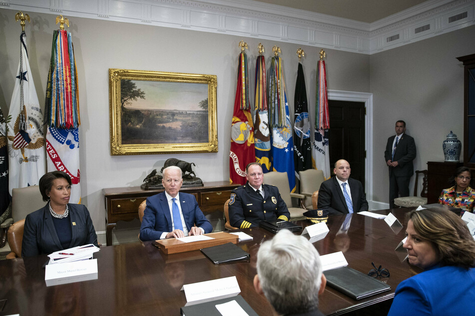 Joe Biden delivered remarks on his strategy to reduce gun crime at the White House on Monday. He was joined by Brooklyn Borough President Eric Adams, Attorney General Merrick Garland, Mayor of District of Columbia Muriel Bowser, Wilmington, Delaware Police Chief Robert Tracy, and other local leaders.