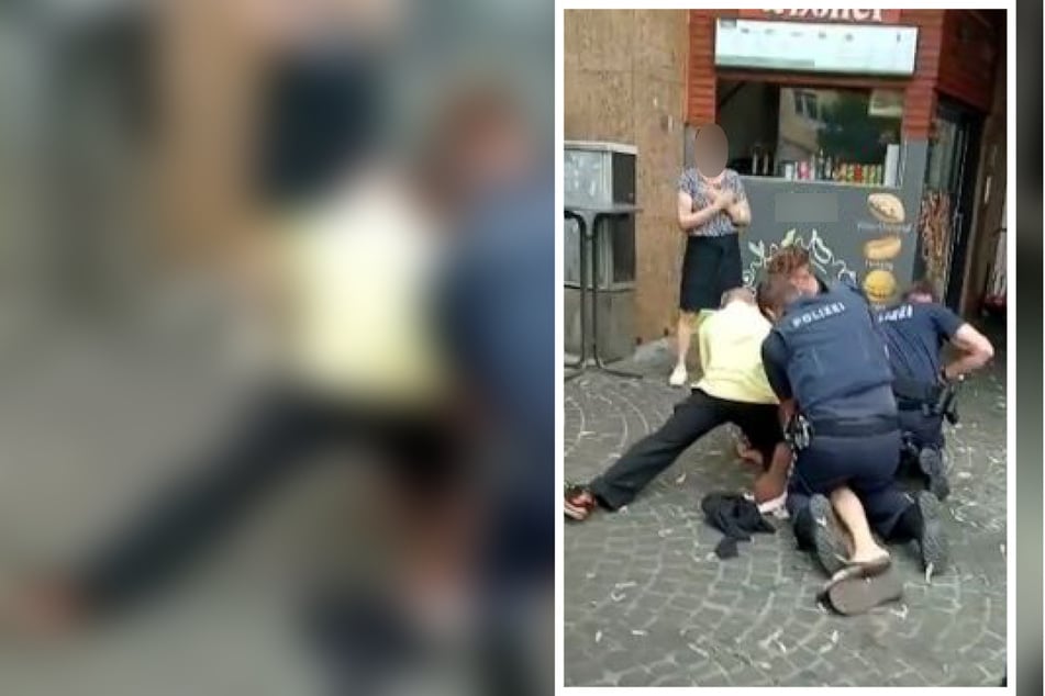 Nachdem der 62-jährige Koch (mit gelbem Shirt) sich den Mann von hinten geschnappt hatte, zerrte er ihn gemeinsam mit drei Polizisten zu Boden