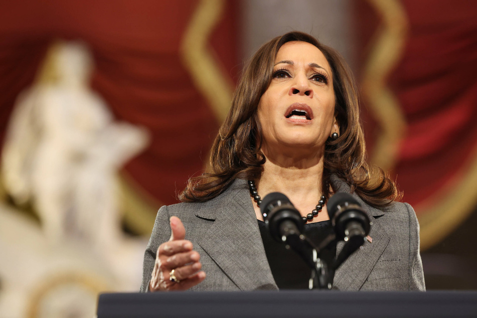 Vice president Kamala Harris delivering her speech on the first anniversary of the Capitol attack.