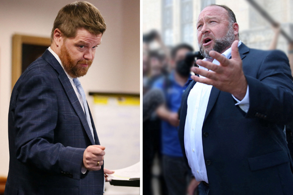 Attorney Mark Bankston (l) informed Alex Jones that his attorneys sent him a digital copy of his phone on accident while the InfoWars host was on the stand.