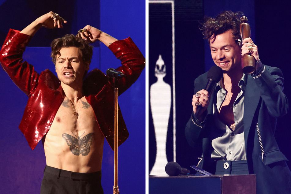 Harry Styles performs and accepts the award for Album of the Year during the 2023 Brit Awards.