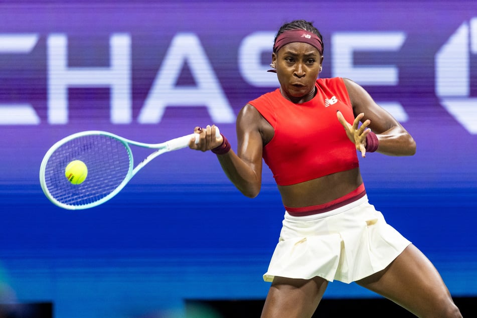 Coco Gauff hits the ball against Donna Vekic (not pictured) on day five of the 2025 US Open tennis tournament.