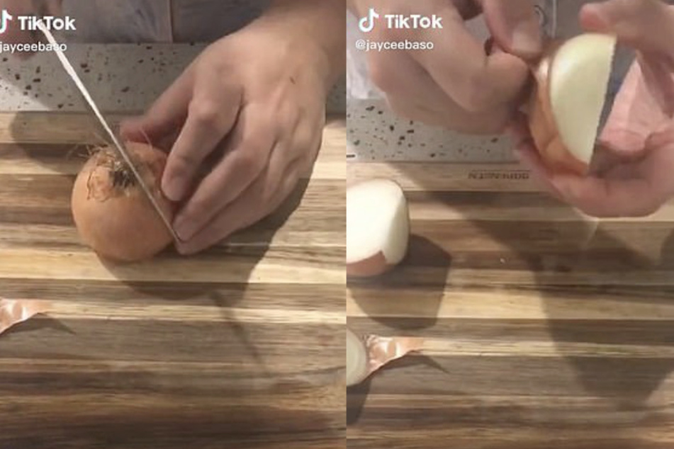 In Jaycee Basos TikTok-Clip wird gezeigt, wie man Zwiebeln am effektivsten schneidet.
