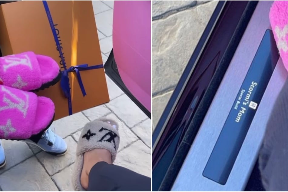 Kylie Jenner showed off a pair of Louis Vuitton slippers and an engraved plaque in her Rolls Royce on her Instagram stories.