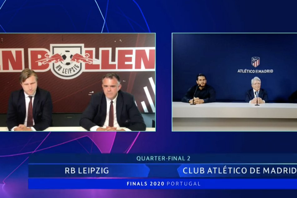 RB Leipzigs Sportdirektor Markus Krösche (l.) und Ulrich Wolter, Director Operations sowie Vertretern von Atletico Madrid (r.) reagierten auf die Auslosung.
