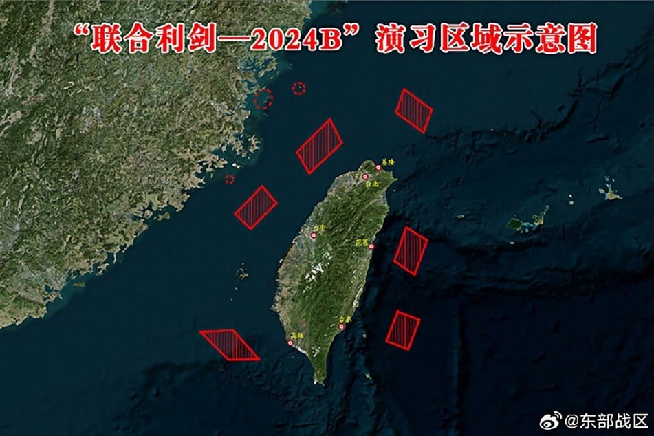 This handout from China's People's Liberation Army Eastern Theatre Command released shows a map of locations of the Joint Sword-2024B military drills being conducted by China around Taiwan.