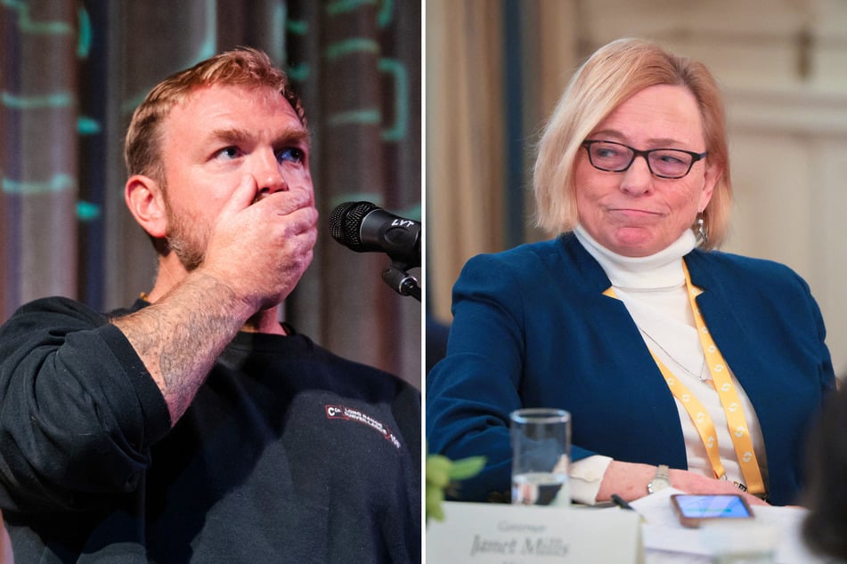 Maine Governor and Senate candidate Janet Mills (r.) shared an ad attacking her opponent Graham Platner over his past remarks about sexual assault.