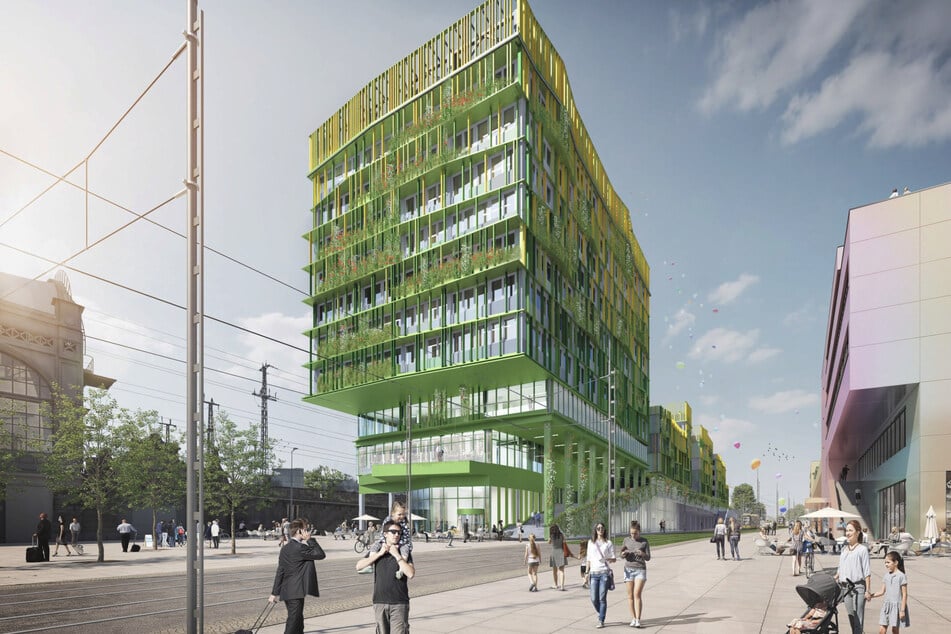 So könnte das Hochhaus mit Fernbusterminal und Fahrradparkhaus aussehen.