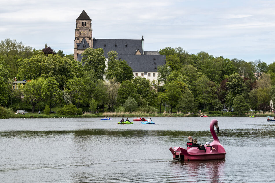Auf dem Chemnitzer Schlossteich könnt Ihr Tret- oder Ruderboot fahren.