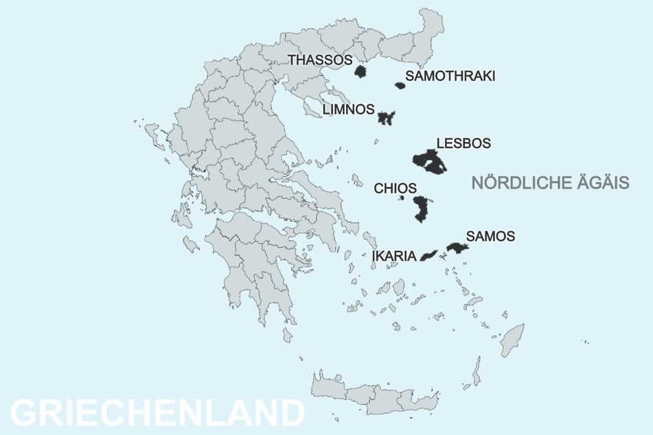 Die nordägäischen Inseln Thassos, Samothraki, Limnos, Lesbos, Chios, Samos und Ikaria.