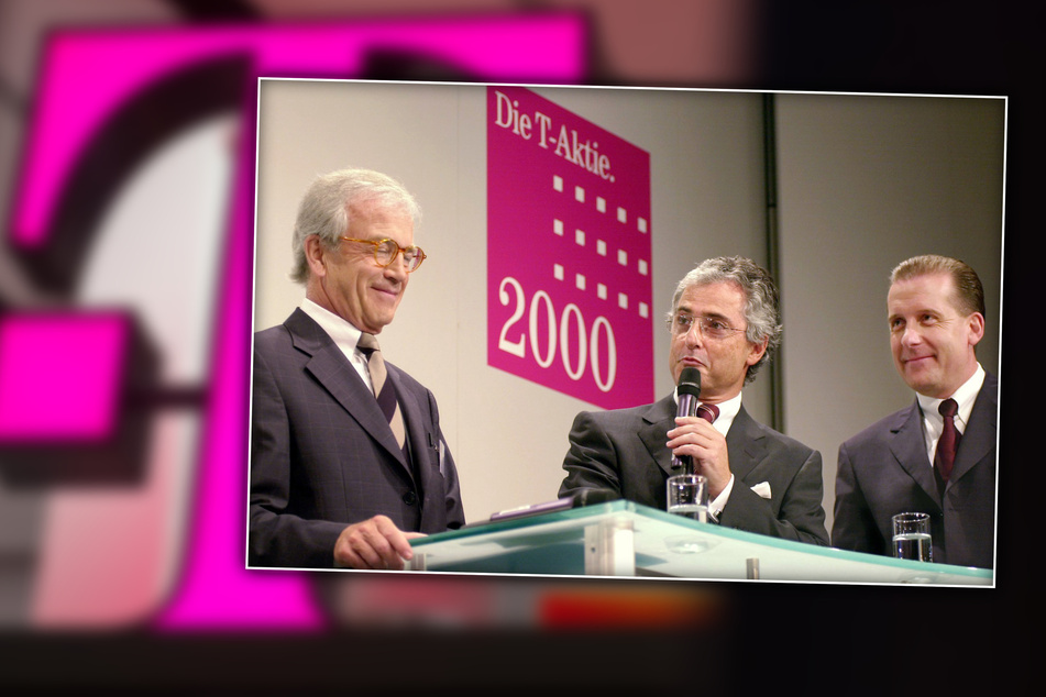Lang, lang ist's her: Im Jahr 2000 präsentierten sich der ehemalige Telekomchef Ron Sommer (72, M.), der Aufsichtsratsvorsitzende Hans-Dieter Winkhaus (84, l.) und Telekom-Finanzchef Karl-Gerhard Eick (67) bei einer Pressekonferenz anlässlich des dritten Börsengangs des Unternehmens. (Archivfoto)