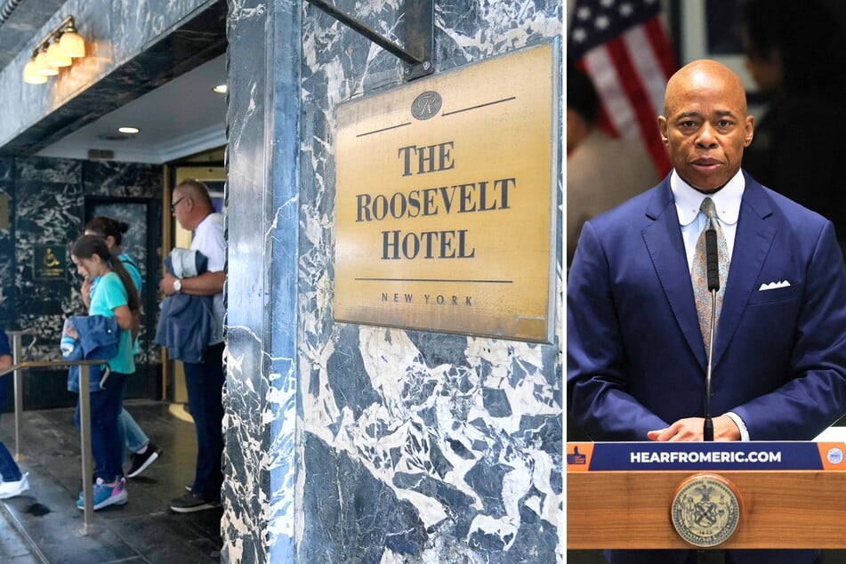 New York City Mayor Eric Adams (r.) announced on Monday he is closing the Roosevelt Hotel as President Donald Trump seeks to take away FEMA funds.