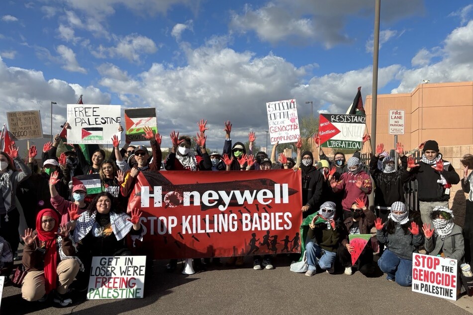 Arizonans rally outside the Honeywell Aerospace Global Headquarters to demand an end to the defense contractor's complicity in Israel's genocide of Palestinians.