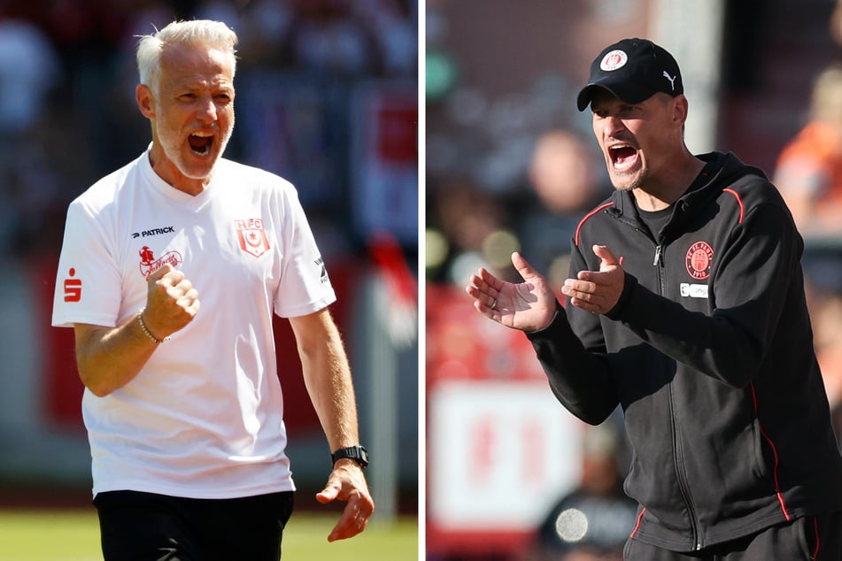 HFC-Coach Mark Zimmermann (50,l.) und FCSP-Trainer Alexander Blessin (51) spielten einst bei den Stuttgarter Kickers zusammen und absolvierten gemeinsam den DFB-Trainerlehrgang.