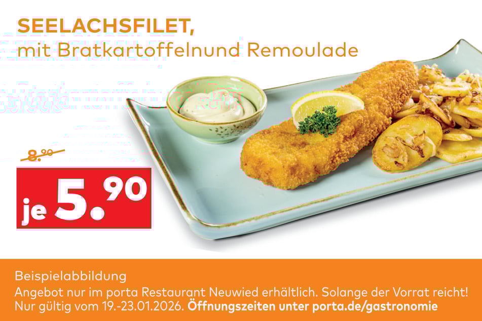 Das knusprige Seelachsfilet mit Beilagen gibt's im porta Restaurant in Neuwied zum Sonderpreis.