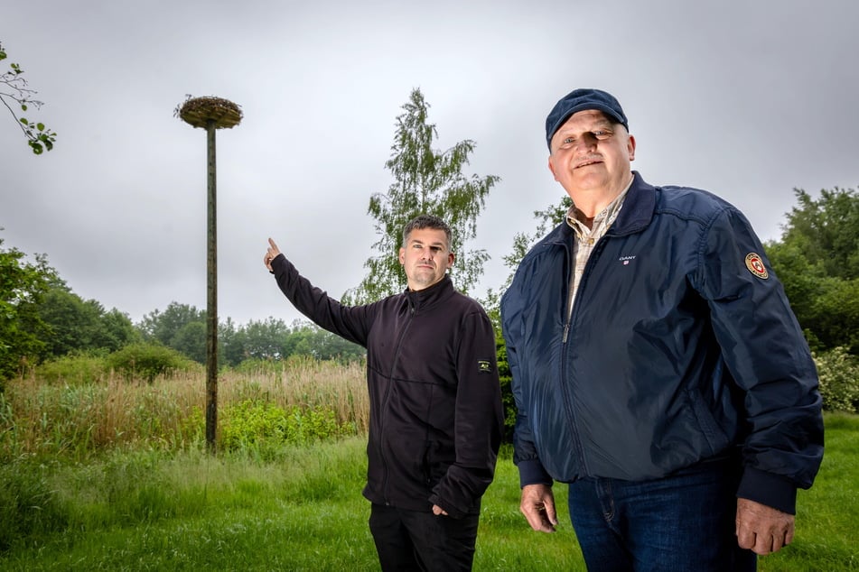 Die Bürgerinitiative hat am Waldrand mehrere Nisthilfen für Störche errichtet. Chris Stegert (38, l.) und Max Einenkel (67, r.) wirkten mit bei der Aktion, die breite Unterstützung fand.