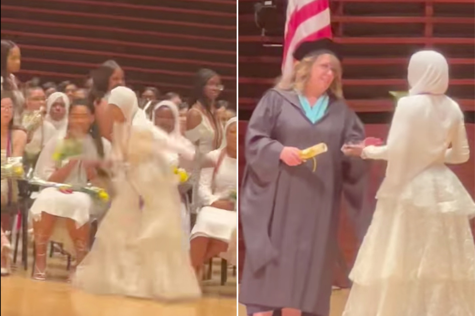 High school senior Hafsa Abdul-Rahman (l.) was denied her diploma by the principal after she did a Griddy dance on the graduation stage.