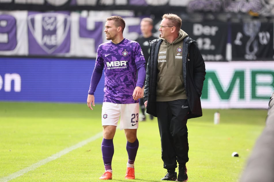 Aue-Spieler Anthony Barylla (28) musste am Sonntag wegen Oberschenkel-Problemen vom Platz.