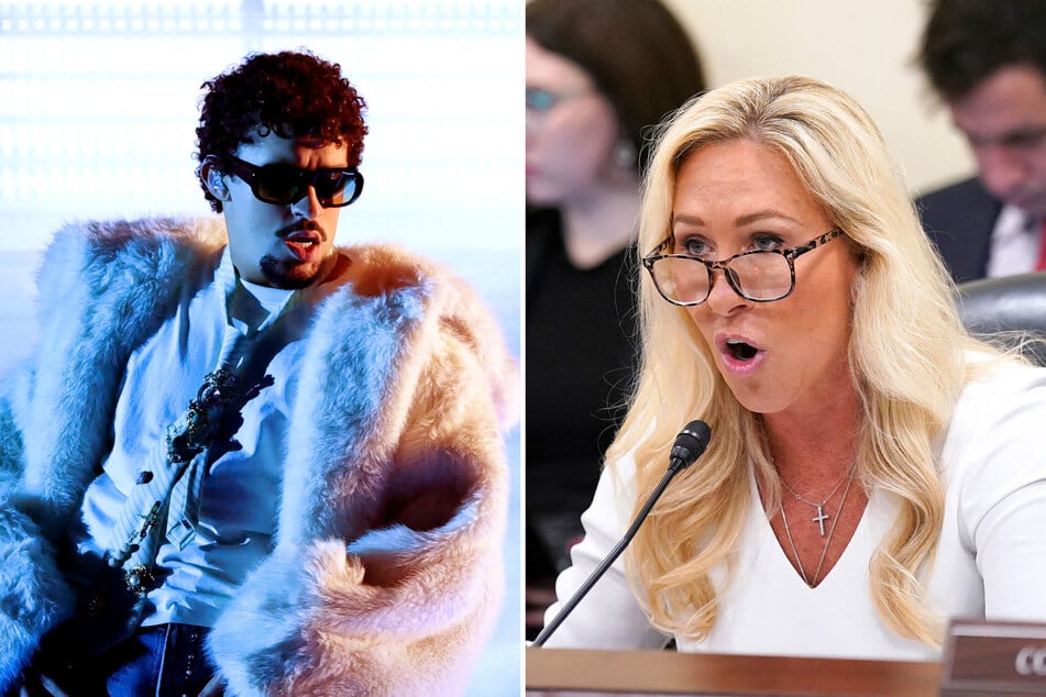 Marjorie Taylor Greene (r.) recently called for the US to make English its official language in response to Bad Bunny (l.) being chosen to perform at the Super Bowl.