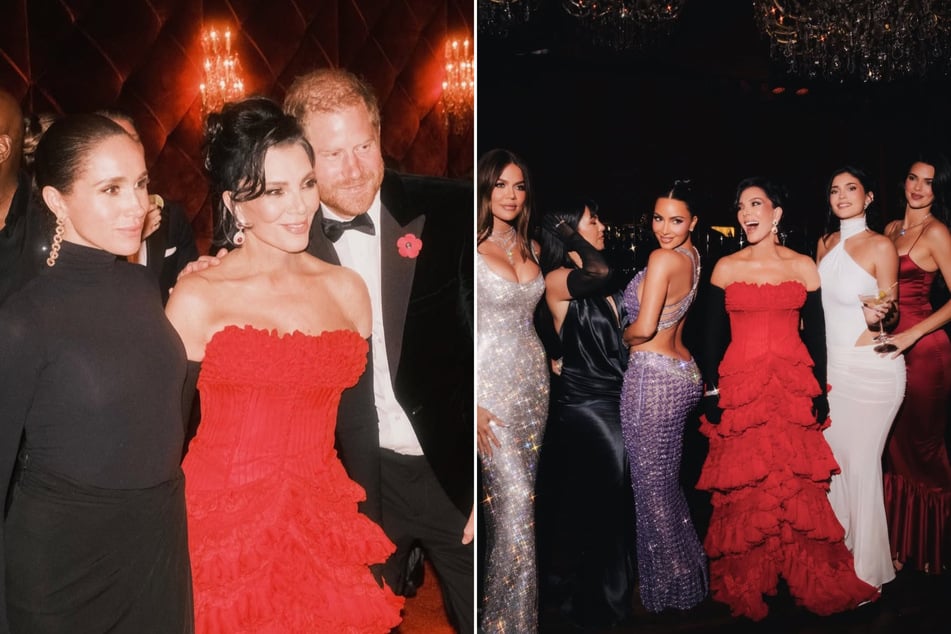 Insiders have revealed that Meghan Markle (l.) and Prince Harry (center l.) did not want photos of their time at Kris Jenner's (second from l.) birthday bash made public.