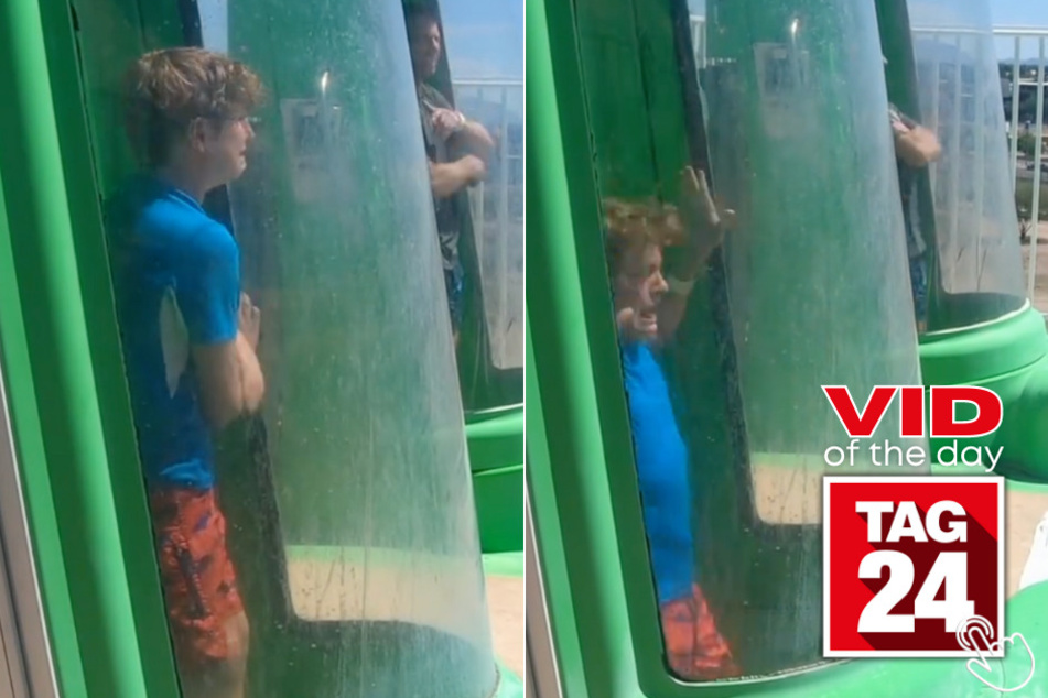 Today's Viral Video of the Day features a boy on TikTok who got a little frightened before taking off on a drop waterslide.