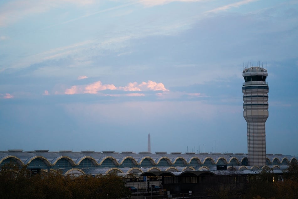 The air traffic control tower at Reagan National Airport in Arlington, Virginia, on day 40 of the government shutdown, on Sunday.