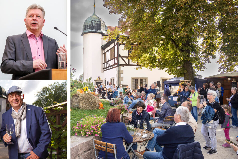 OB Bert Wendsche (59, o.l.) und Hoflößnitz-Chef Jörg Hahn (62, u.l.) feiern die Jubiläen der Stadtrechte und des Weinbaumuseums.