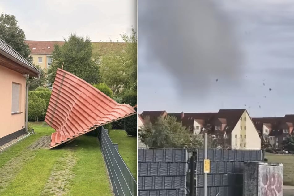 Bilder zeigen die herumfliegenden Dachteile (r.).
