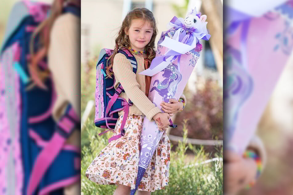 Leony (6) trug stolz ihren neuen Ranzen und ihre wunderschöne Zuckertüte heim.