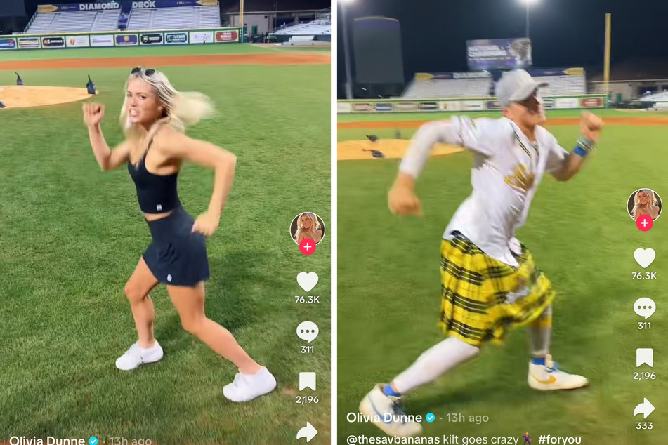 Olivia Dunne (l.) took her love for baseball to new heights by teaming up with viral sensations the Savannah Bananas for an epic dance-off.