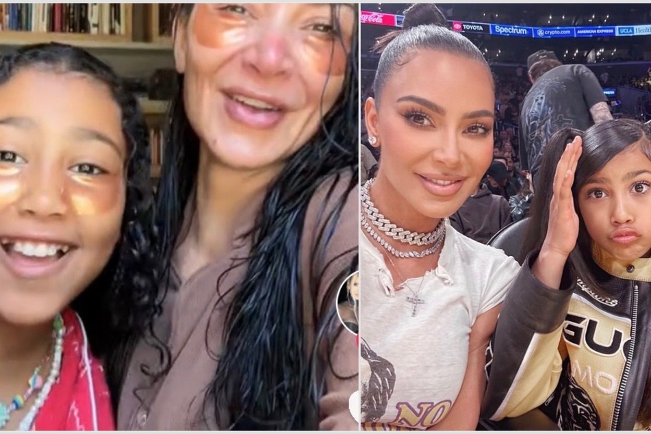 Kim Kardashian (c.) and North West had some fun on TikTok with the new viral aging filter.